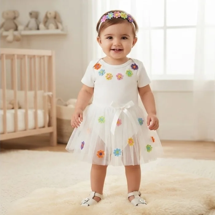 Conjunto Primavera Body, Tutu y Vincha con Aplique de Flores