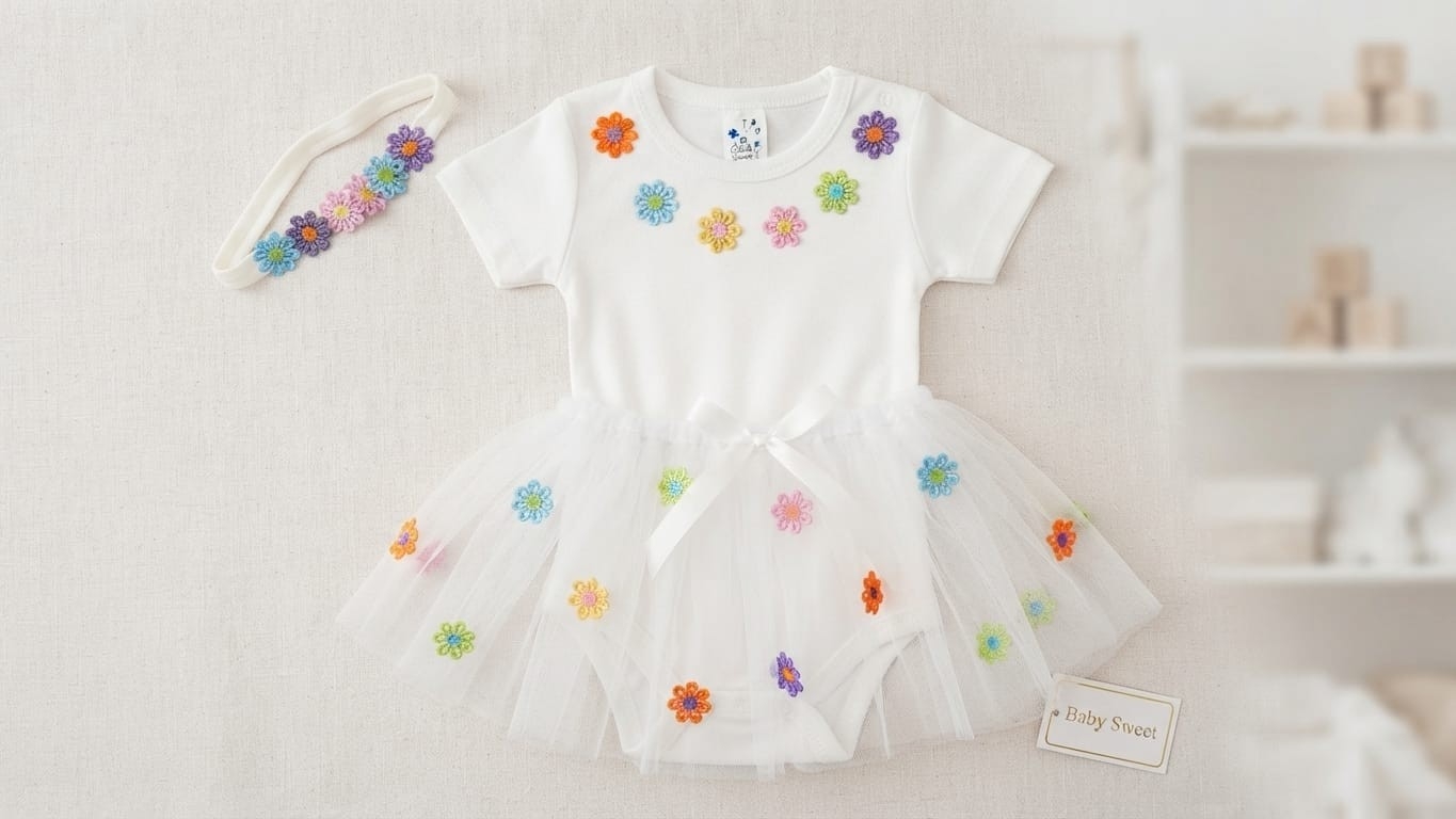Conjunto Primavera Body, Tutu y Vincha con Aplique de Flores - Imagen 3