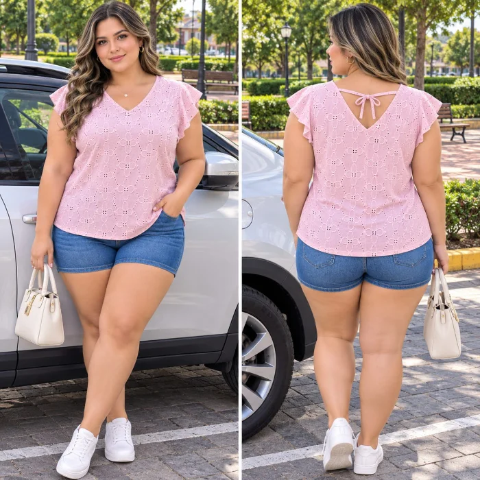 Remera Escote V con Boladitos Tela Brodery