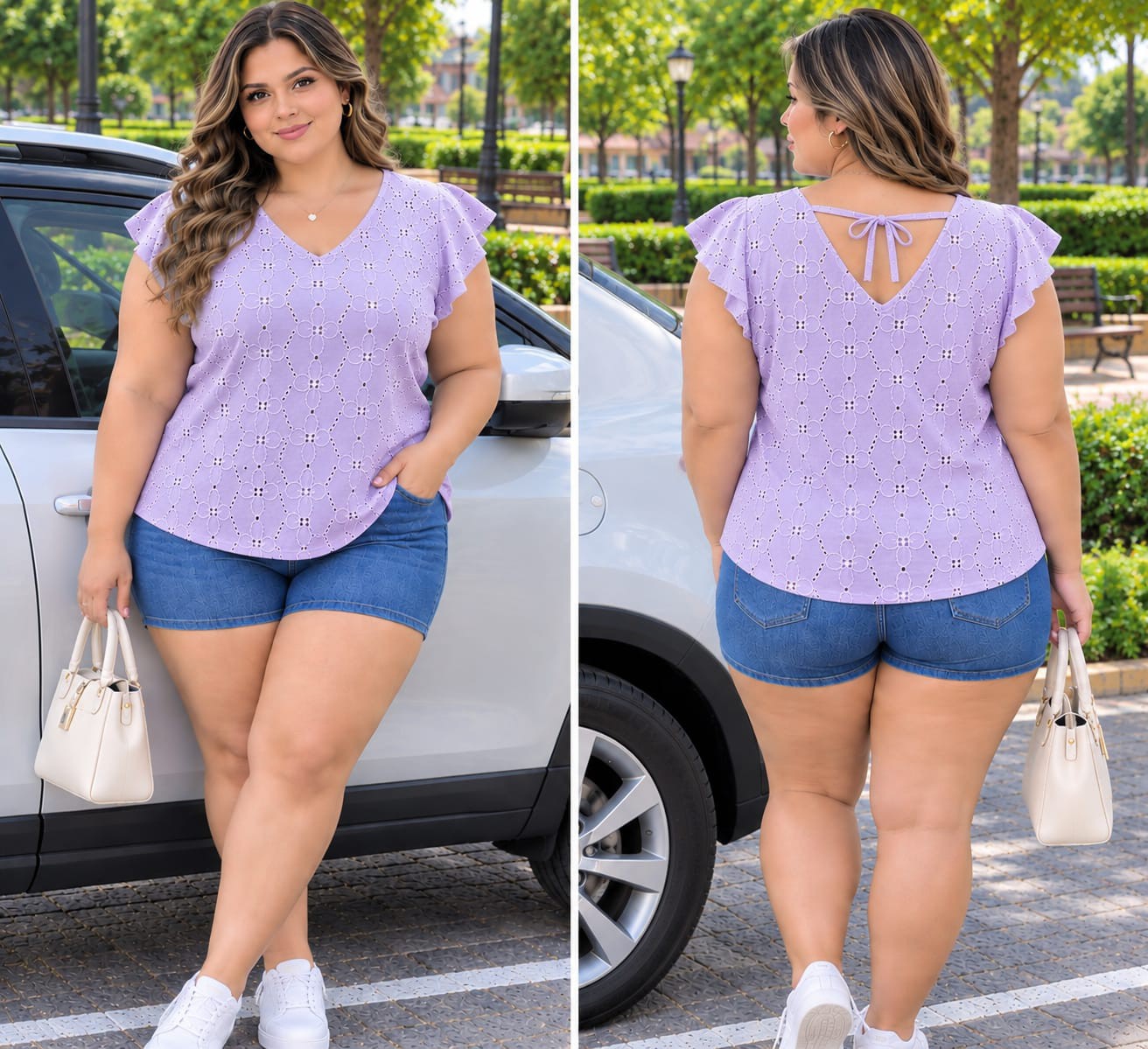 Remera Escote V con Boladitos Tela Brodery - Imagen 4