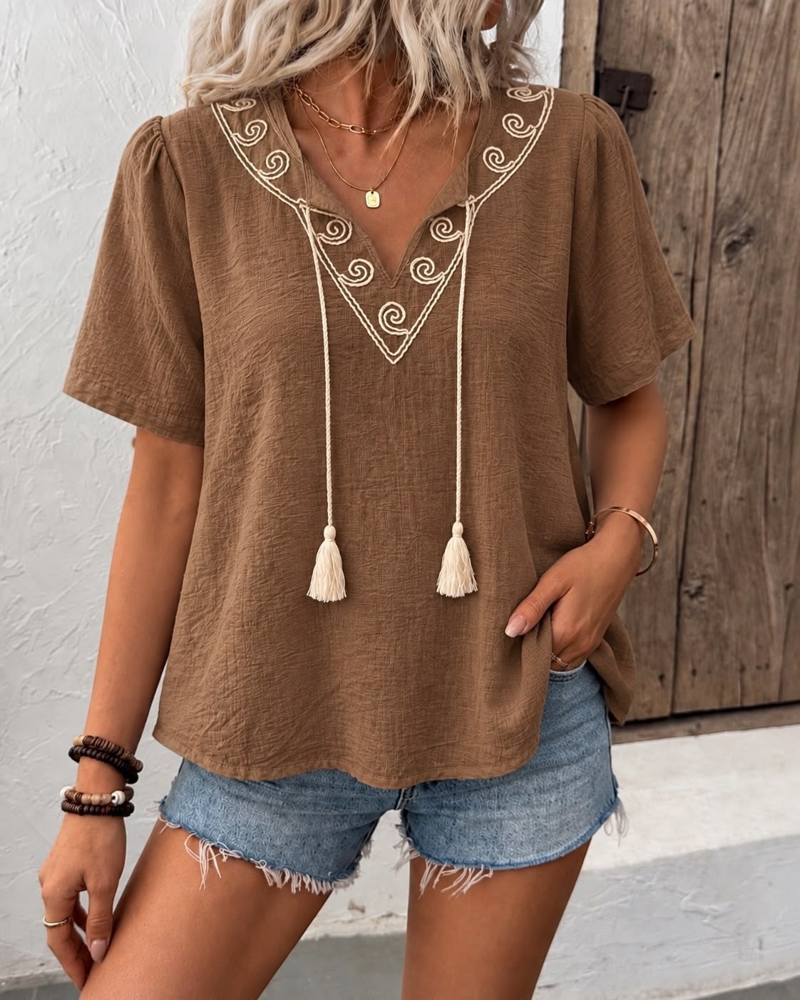Blusa V Bordado con Flecos - Imagen 3