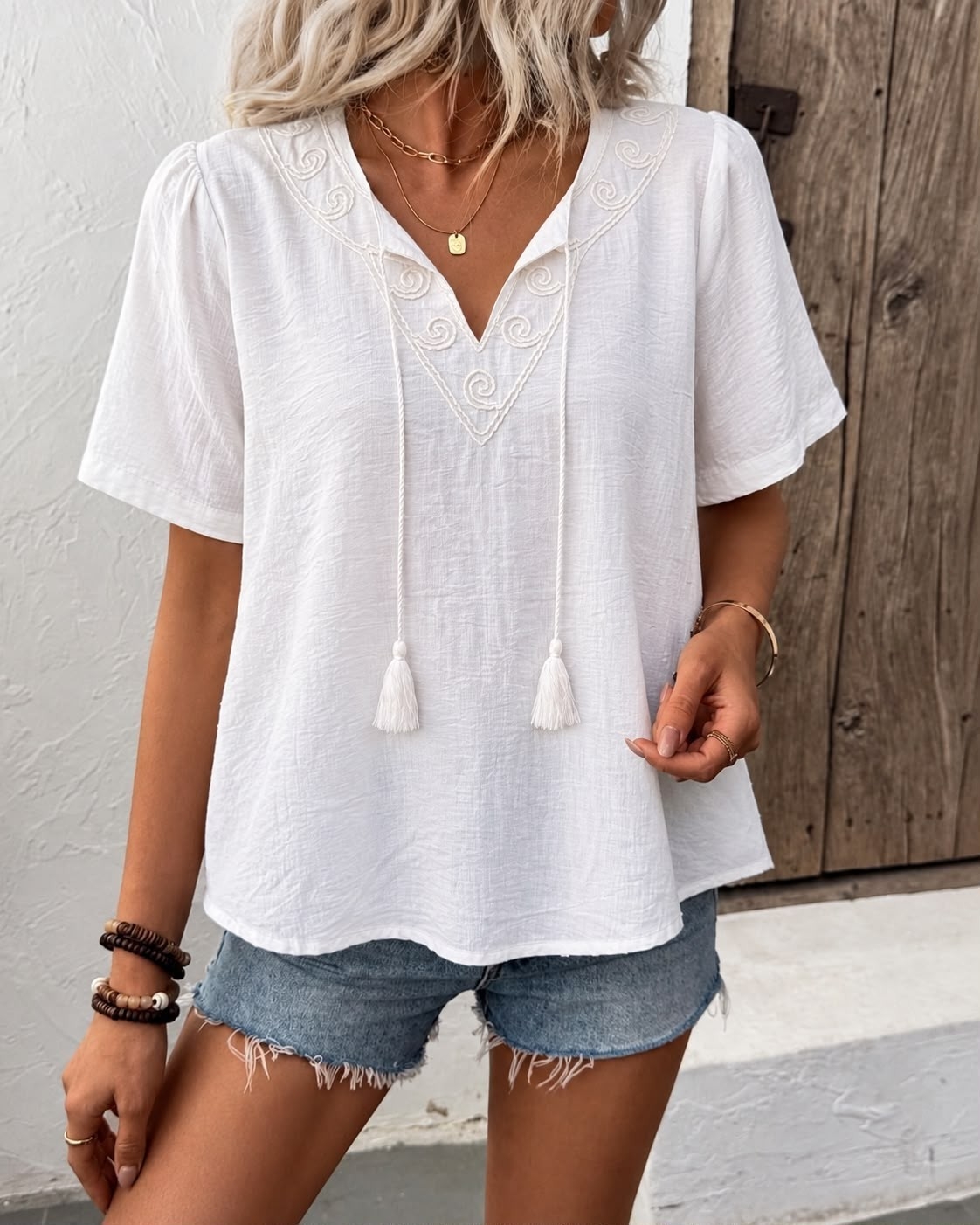 Blusa V Bordado con Flecos - Imagen 4