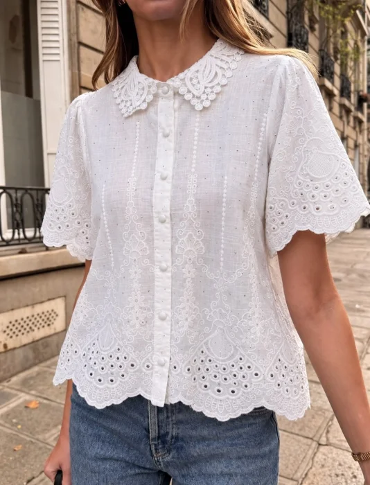 Camisa Broderi con Brillo y Botones Forrados