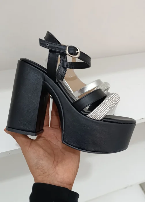 Sandalias de Fiesta Taco Alto Plata y Negro