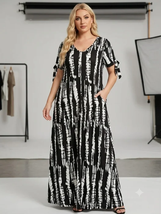 Vestidos Largos Lino Espandex con Manga Atar y Bolsillos Talles Grandes