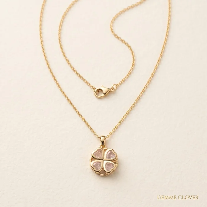 Collar Trebol Giratorio con Circones en Corazon Dorado