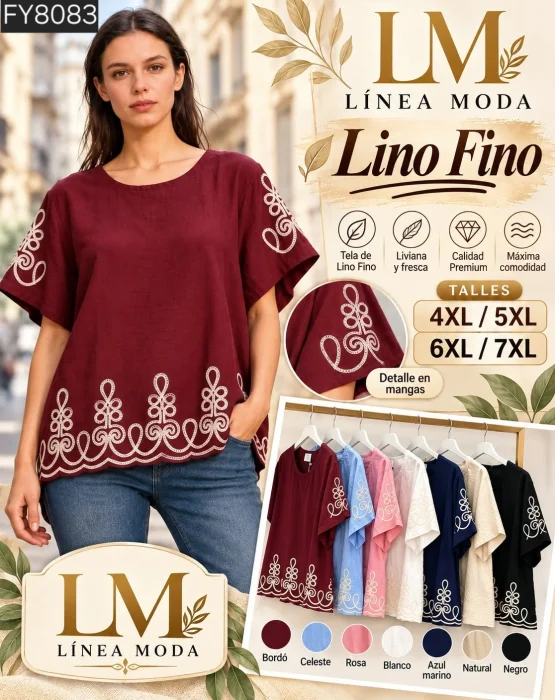 Blusa Talle Especial de Lino Bordado. 8079