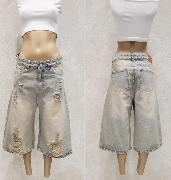 Bermuda Oversize Matizado Arena con Roturas Denim Rigido Premium