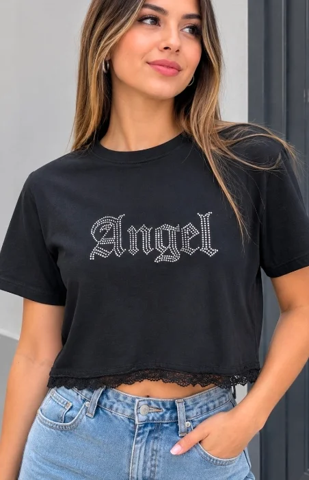 Crops Tops de Algodon con Brillos Encaje