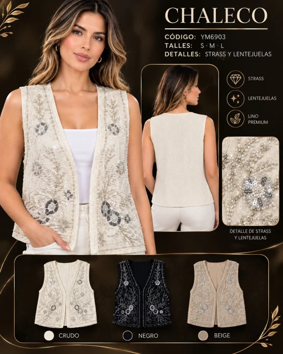 Chaleco de Lino Forrado con Detalles en Strass y Canutillo.6903