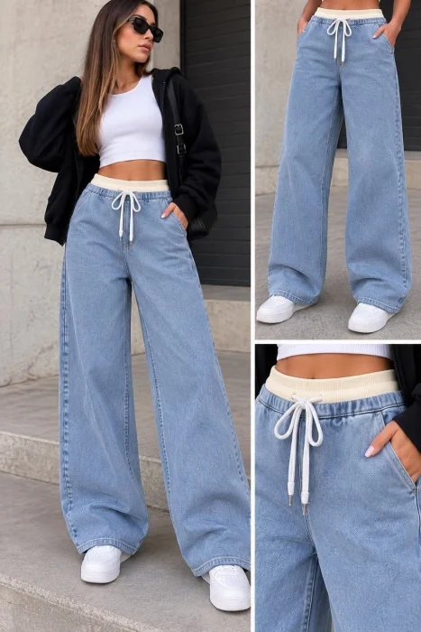 Jeans Wide Cintura Blanca con Cordon