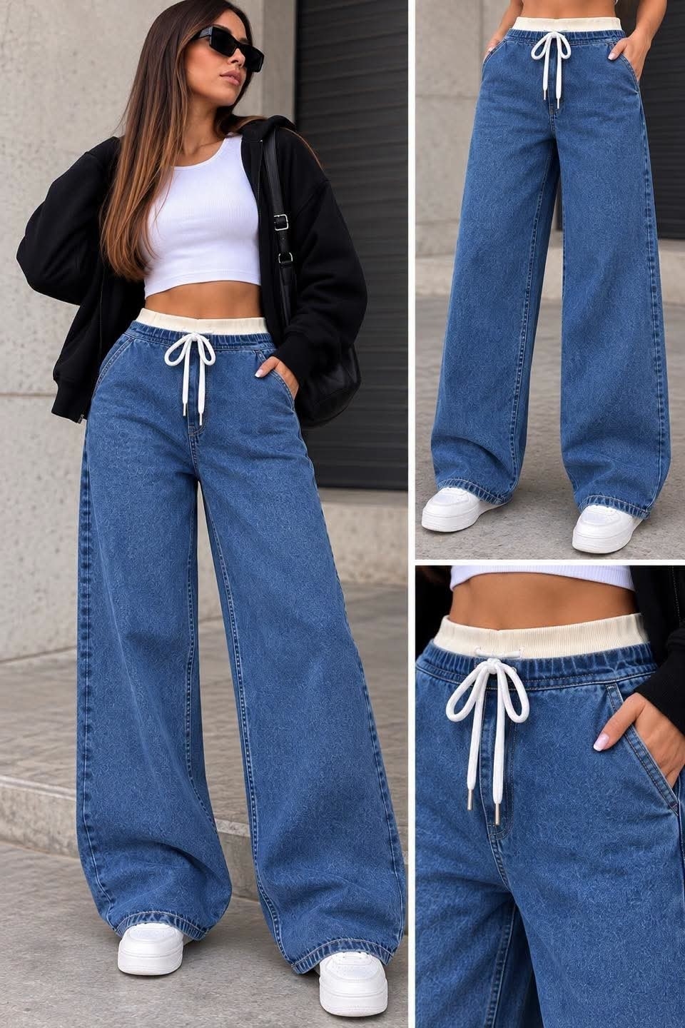 Jeans Wide Cintura Blanca con Cordon - Imagen 2