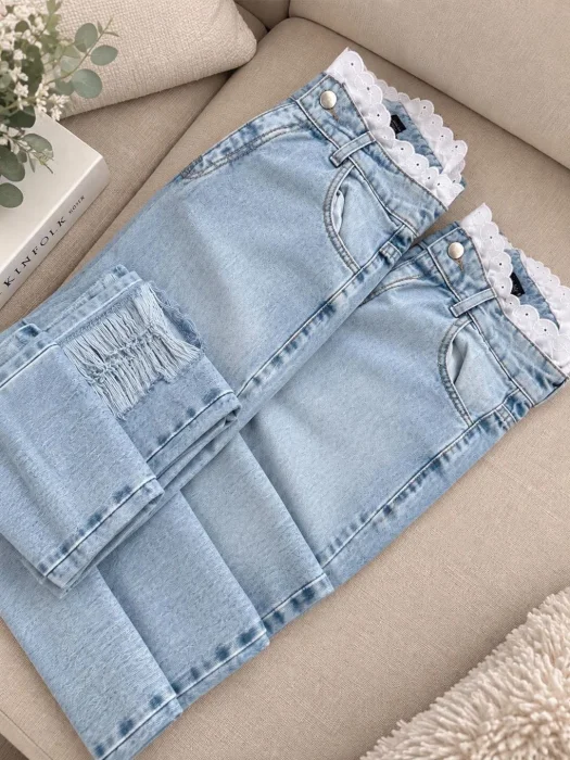 Jeans Wide con Puntilla y Rotura