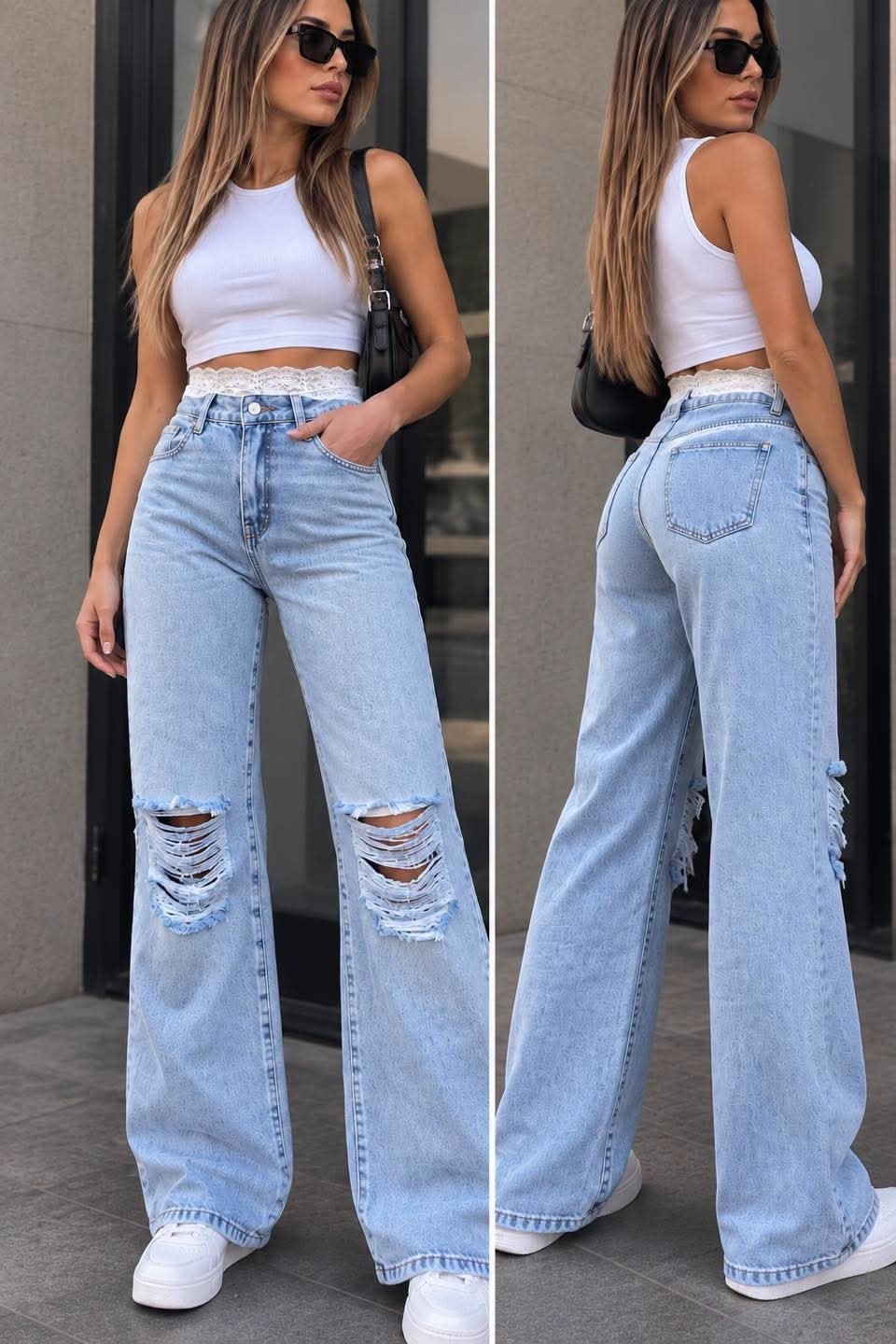 Jeans Wide con Puntilla y Rotura - Imagen 2