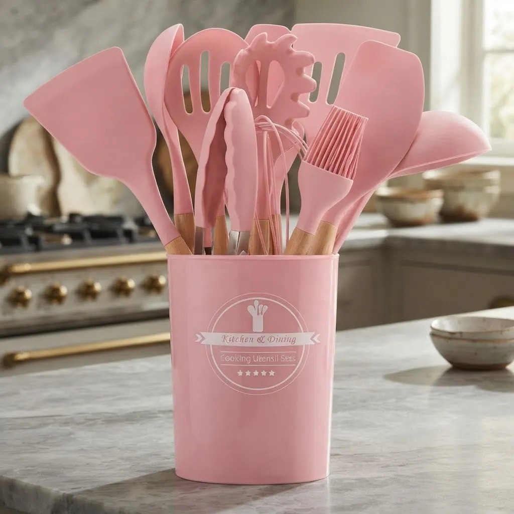 Kit de Utensilios de Cocina 12 Piezas Silicona Mango Bambú - Imagen 4