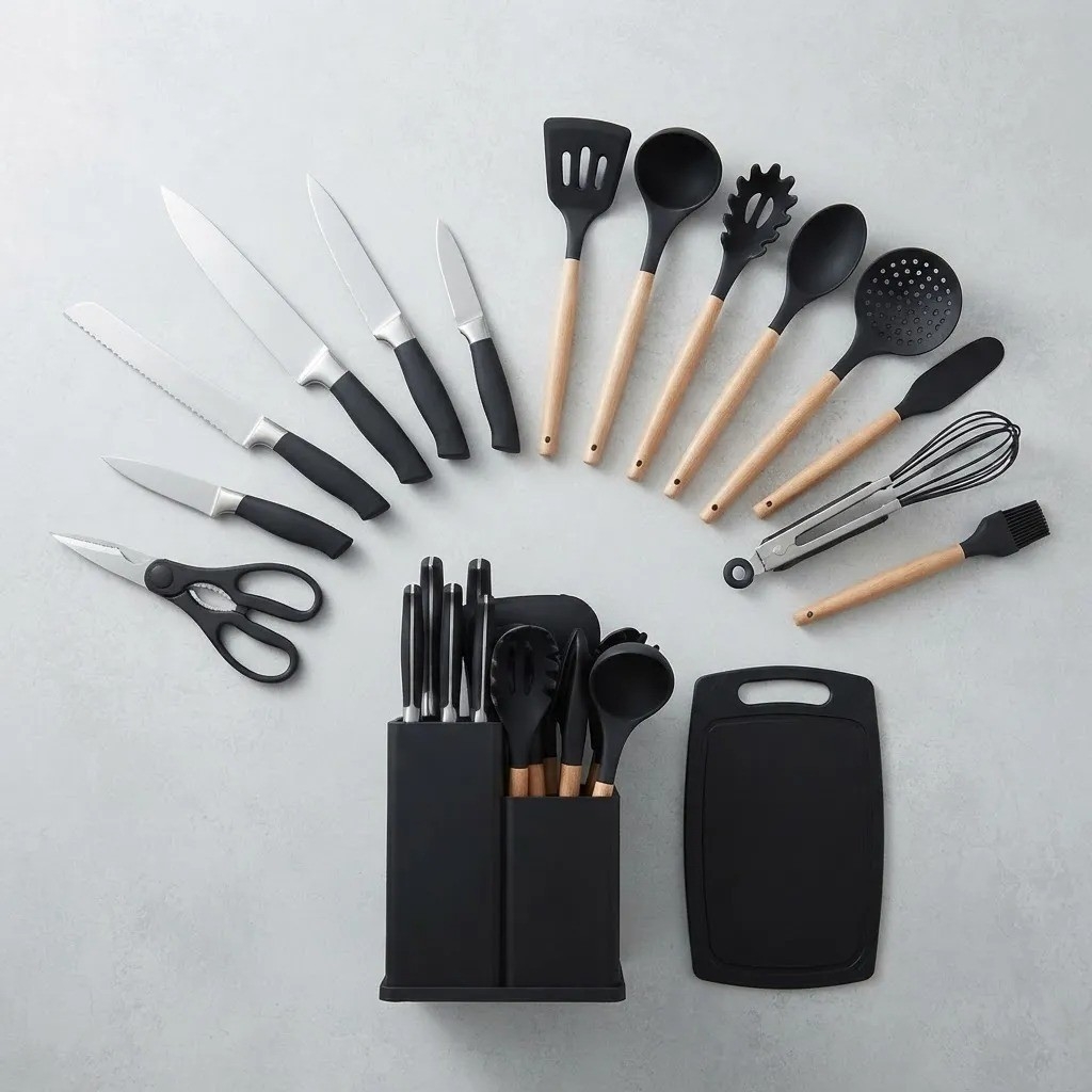 Set Utensilios 19 Piezas Silicona Antiadherente Mango Madera - Imagen 2