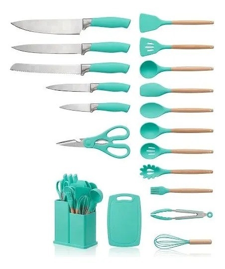 Set Utensilios 19 Piezas Silicona Antiadherente Mango Madera - Imagen 3
