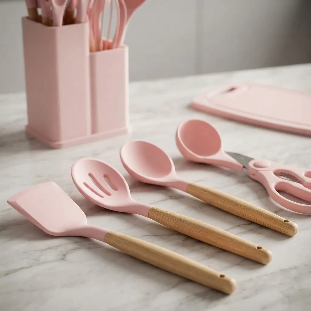Set Utensilios 19 Piezas Silicona Antiadherente Mango Madera - Imagen 4