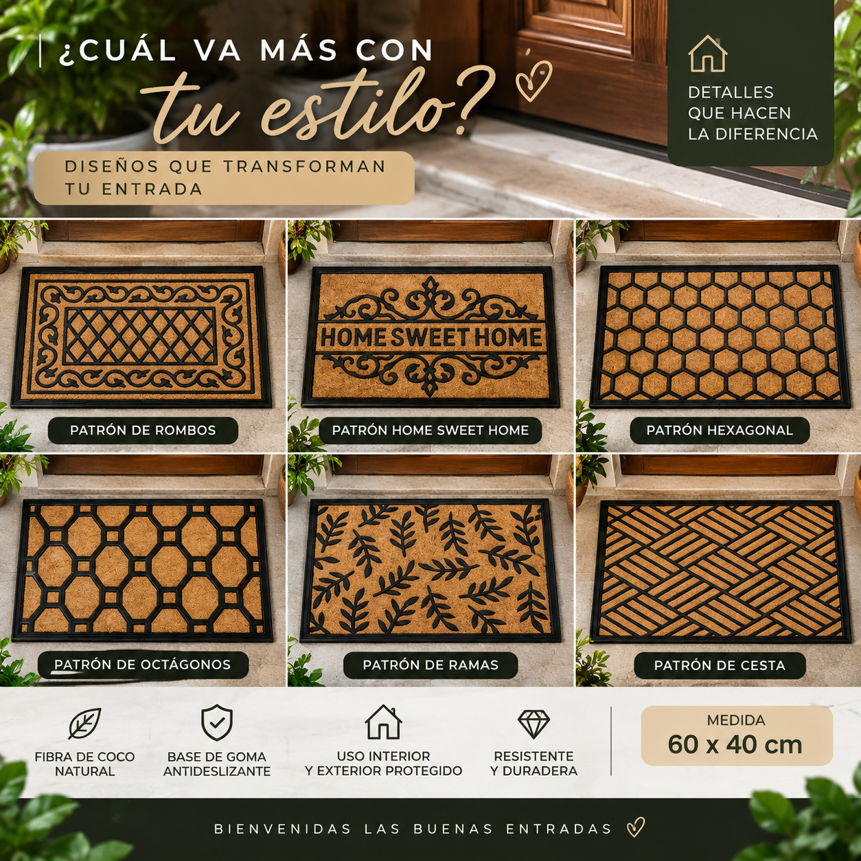 Alfombra de Coco Natural 60x40 | Entrada con Estilo, Antideslizante y Decorativa - 4.png