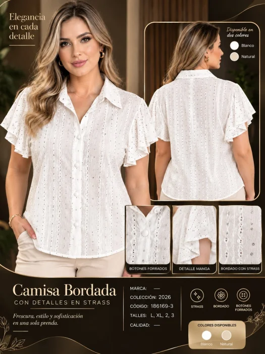 Camisa Manga Corta Bordada con Detalles en Strass. 186169