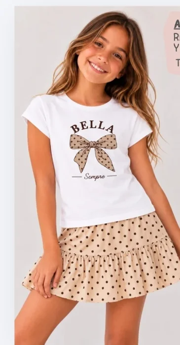 Remera Moño Conjunto con Pollera Lunares