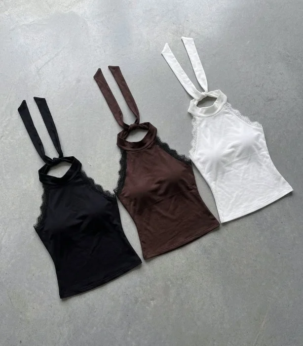 Top Puntilla Microfibra Tiras Cuello Atado