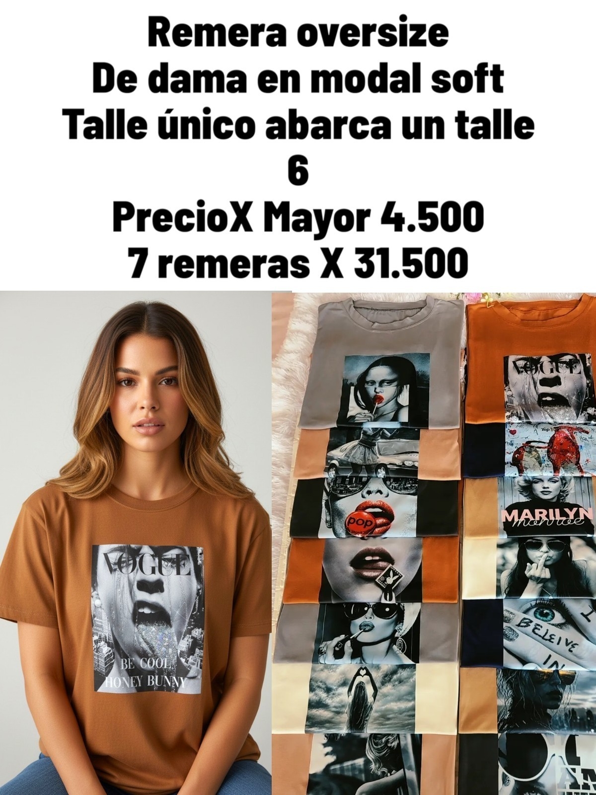 Remera de Dama Talle Único Abarca un Talle 6 en Modal Soft Oversize - Imagen 1