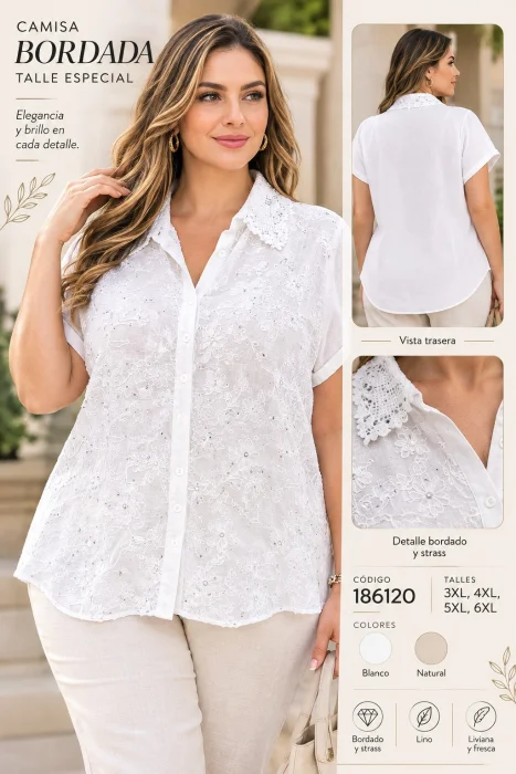 Camisa Manga Corta Bordada con Detalles en Strass.186120