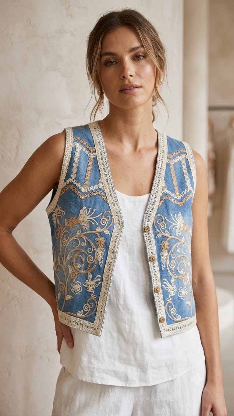 Chaleco Jeans Bordado Importado - Imagen 2