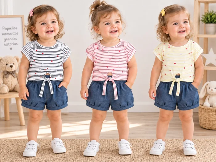 Conjunto Nena Rayado Corazones (remera Algodon + Short Bombachon de Jean) Bibis