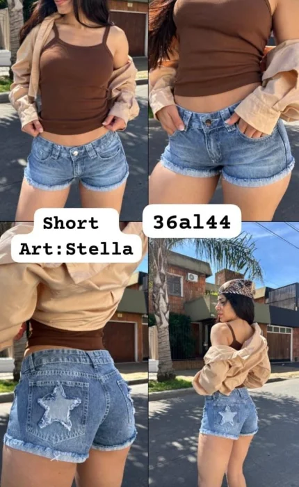Short Tiro bajo Tela Rigida con Estrellas en el Bolsillo Trasero