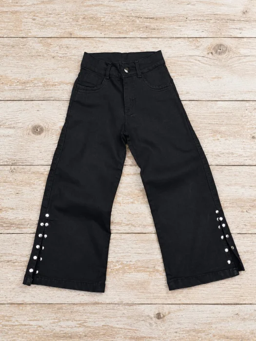 Wid Leg Niña Jeans Negro Super Elástizada con Tachitas