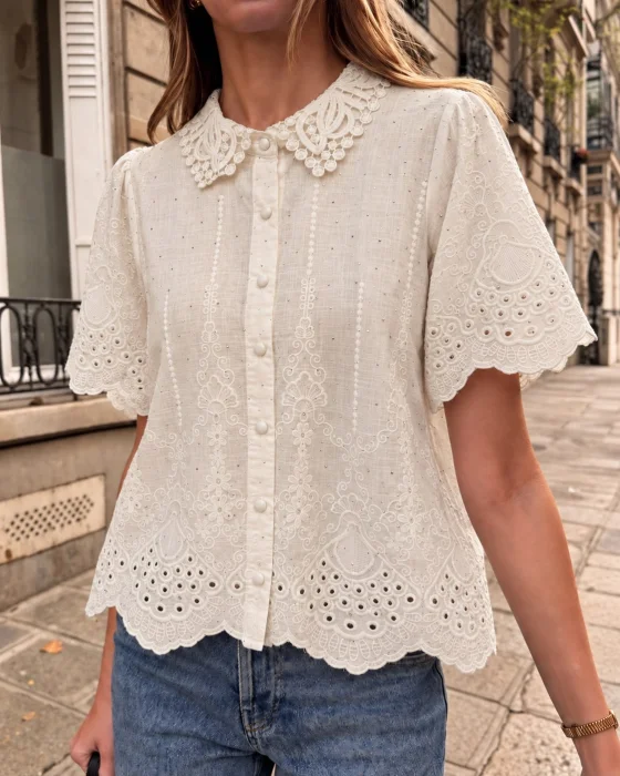 Camisa Broderi con Brillo Botones Forrados