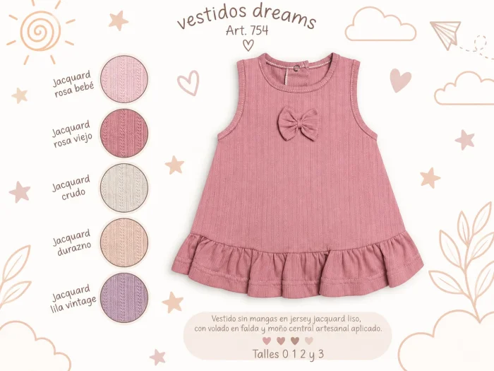 Solero Algodon Labrado con Volados y Moño Dreams T.(0 al 3) Art.754