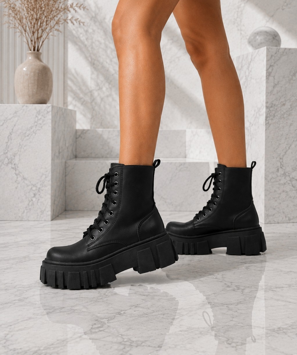 Borcego Acordonado Plataforma Cuero Ecológico Negro Blanco - Imagen 3