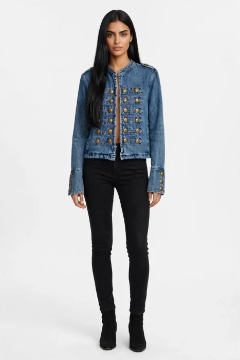 Chaqueta Napoleón Color Azul Botones Dorados Denim Rigido