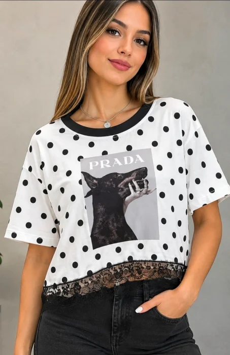 Remeras Lunares Algodon Peinado Crops Encaje