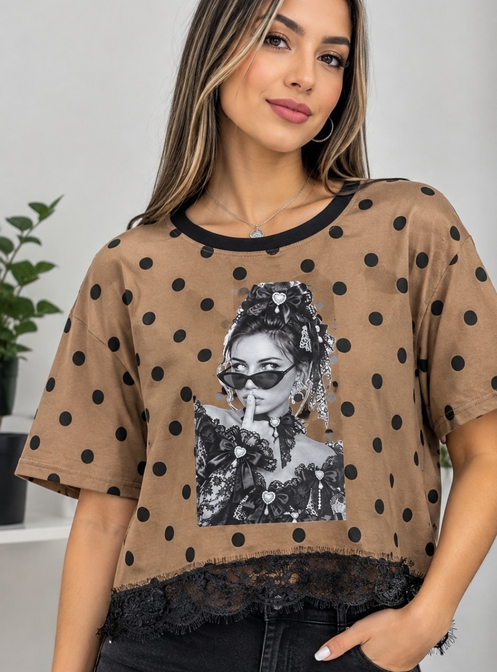 Remeras Lunares Algodon Peinado Crops Encaje - Imagen 2