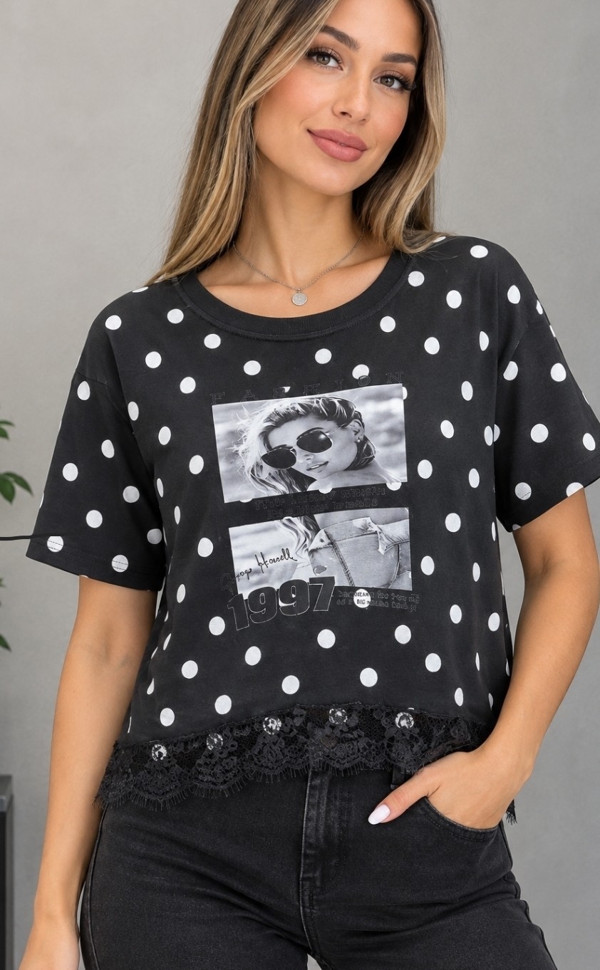 Remeras Lunares Algodon Peinado Crops Encaje - Imagen 3