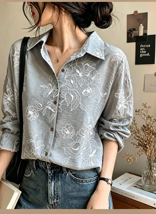 Camisa Bordado  ( Gris )