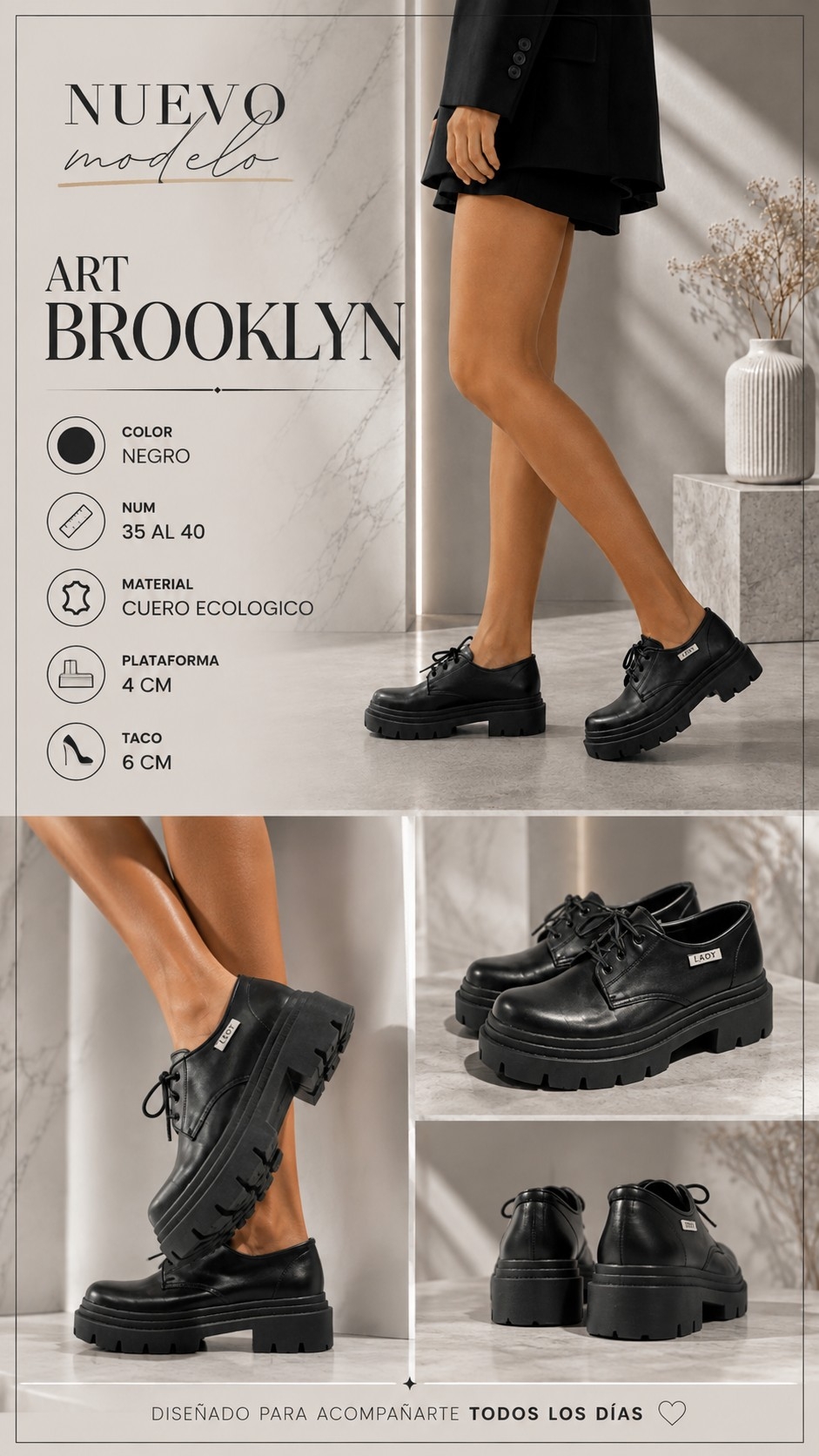 Mocasines Acordonados Plataforma Tendencia Cuero Ecológico - Imagen 3