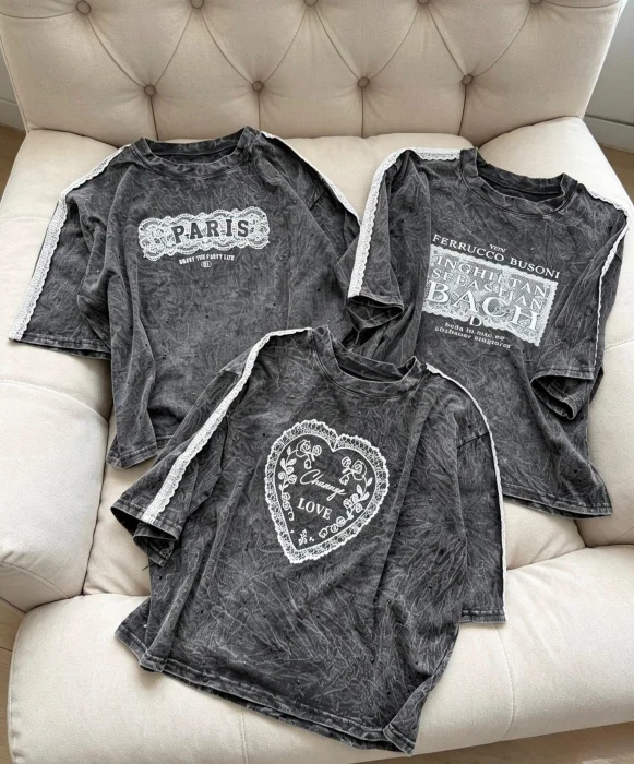 Remeras Oversise Jaspeada Puntilla