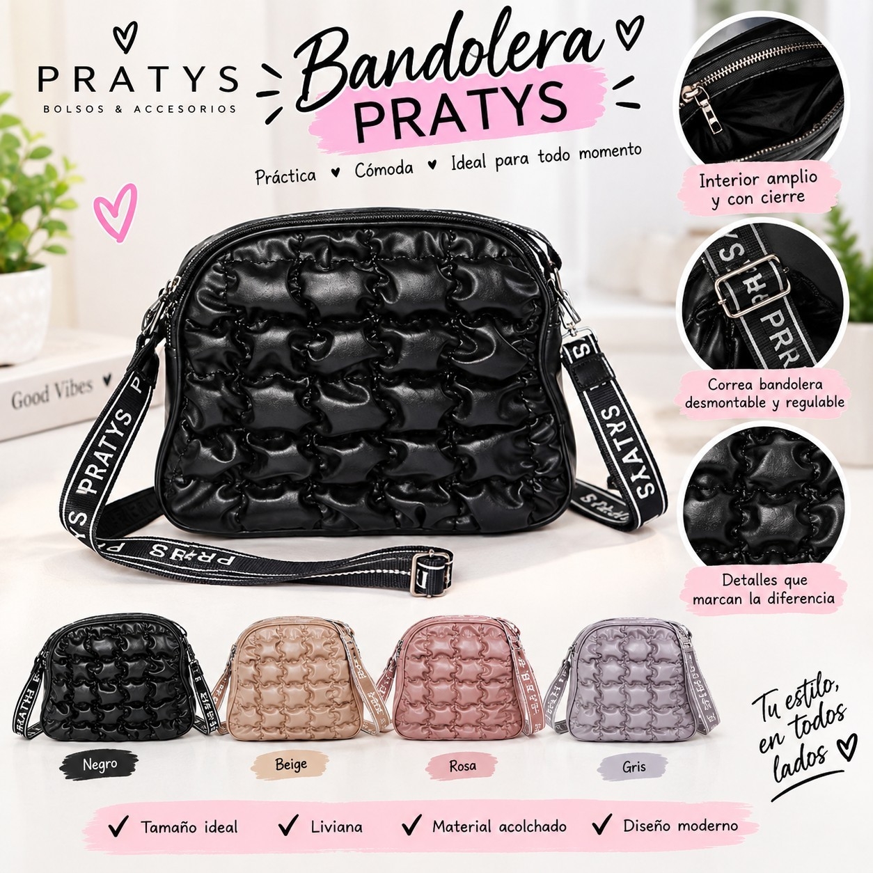 Bandolera con Relieve y Correa Regulable  Pratys - Imagen 2