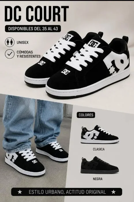 Zapatillas Dc Base Cosida Disponible del 35 al 43 Total Black Gamuza