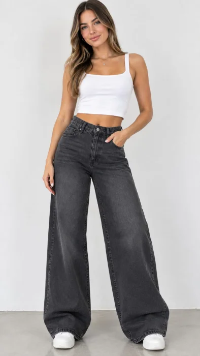 Wide Leg Elasrizado Gris Humo