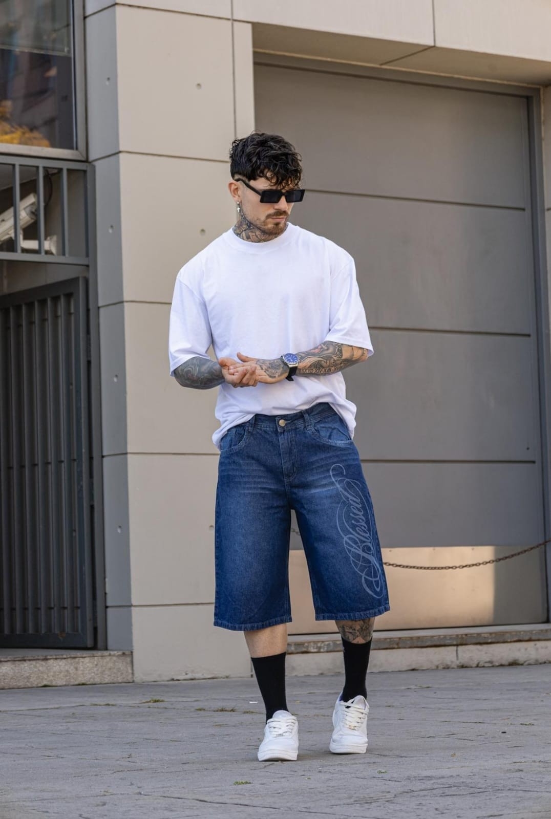 Bermuda Baggy Estampado con Láser con Letra  Azul Localizado - Imagen 3
