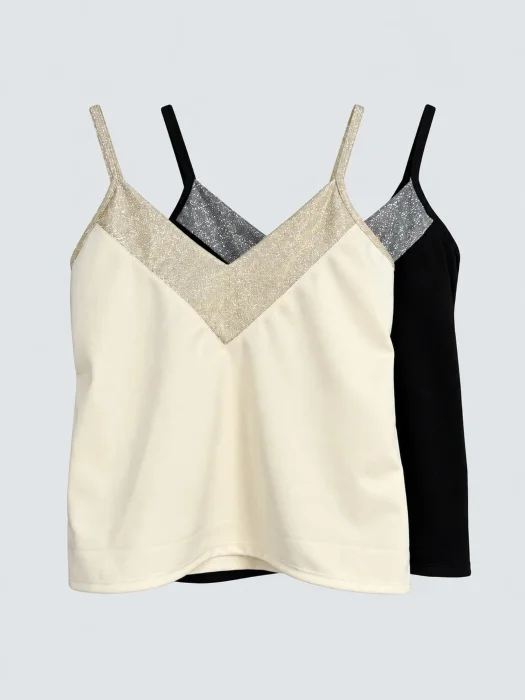 Musculosa Crep con Bretel Combinado Lurex