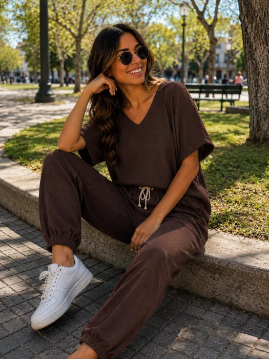 Conjunto Babucha y Remera V en Wafle