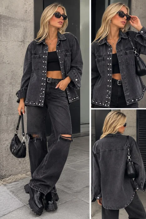 Camisaco Jeans Gris Nevado con Tachas