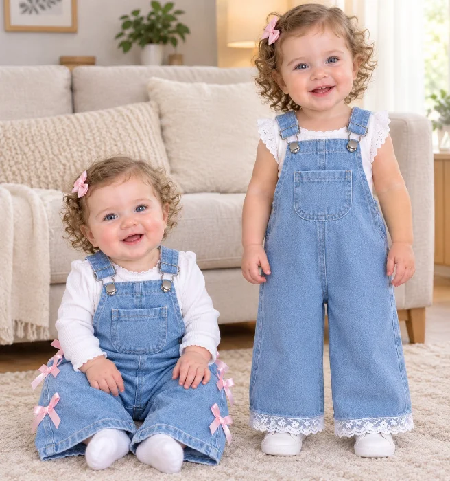 Jardinero de Jeans Rígido con Moños, Puntilla y Lisos para Bebes Unisex
